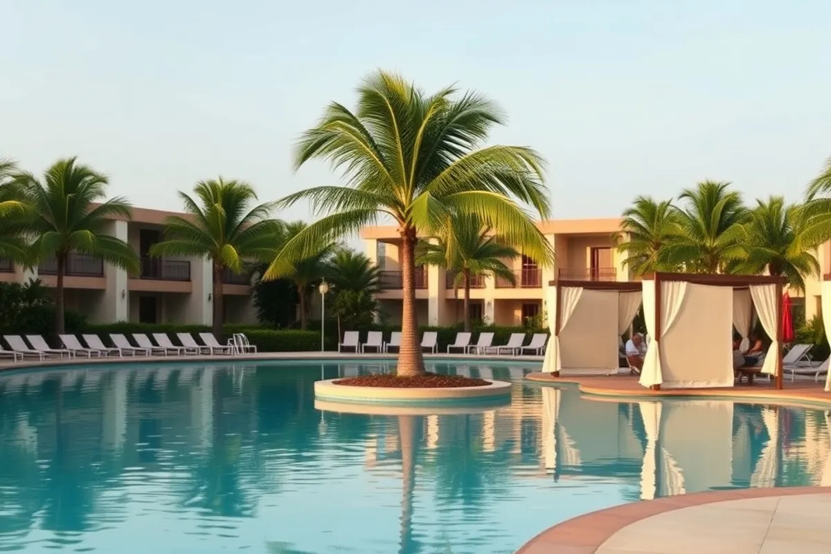 quiet adults-only resort pool with cabanas and palm shade, no people