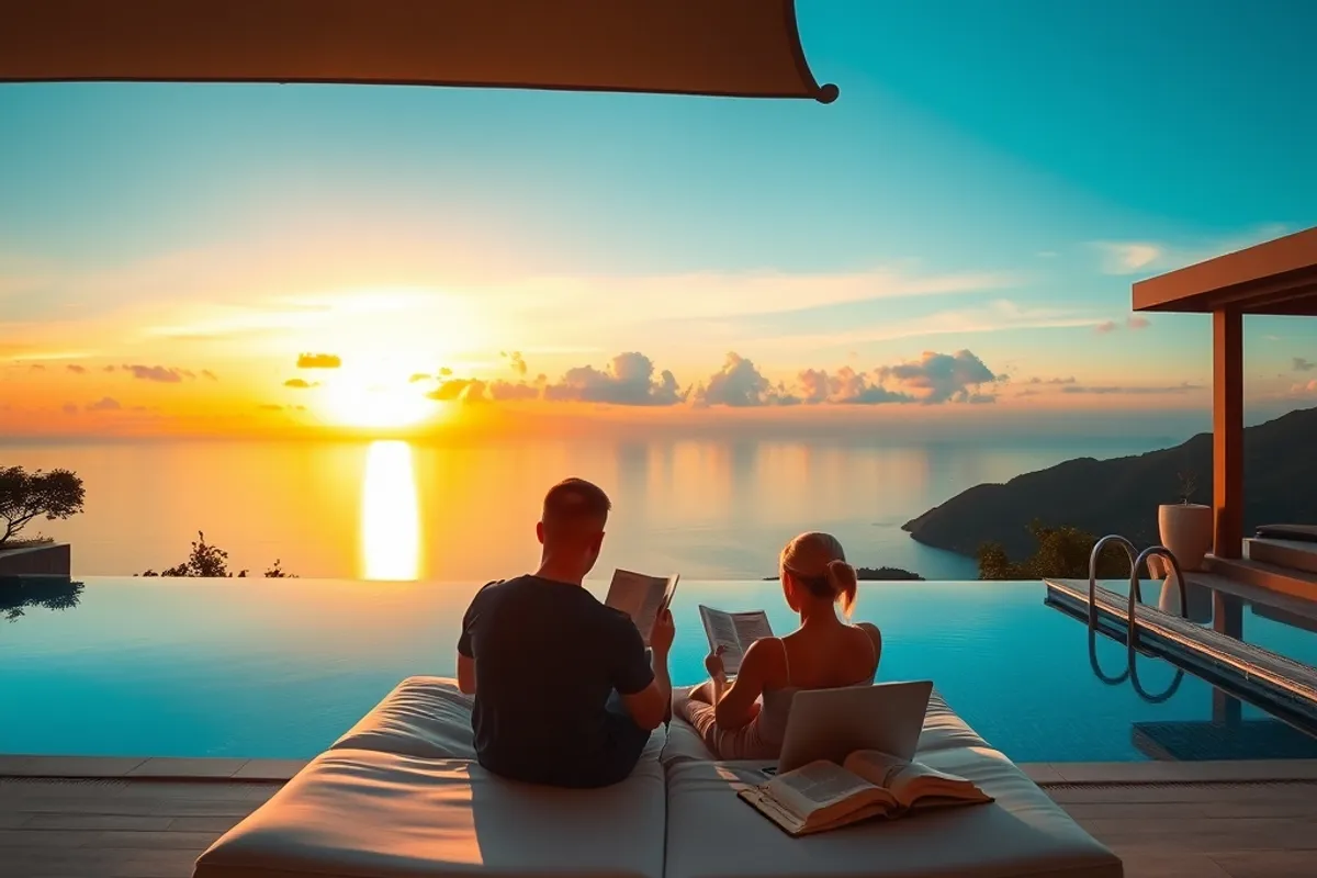 couple reading on a shaded daybed beside a calm infinity pool at sunset