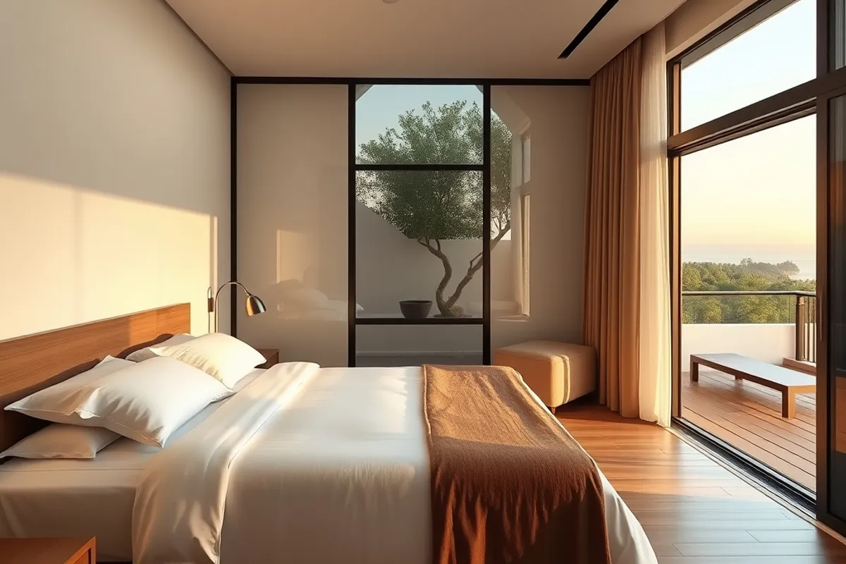 minimal resort suite with a king bed and a private terrace, warm evening light