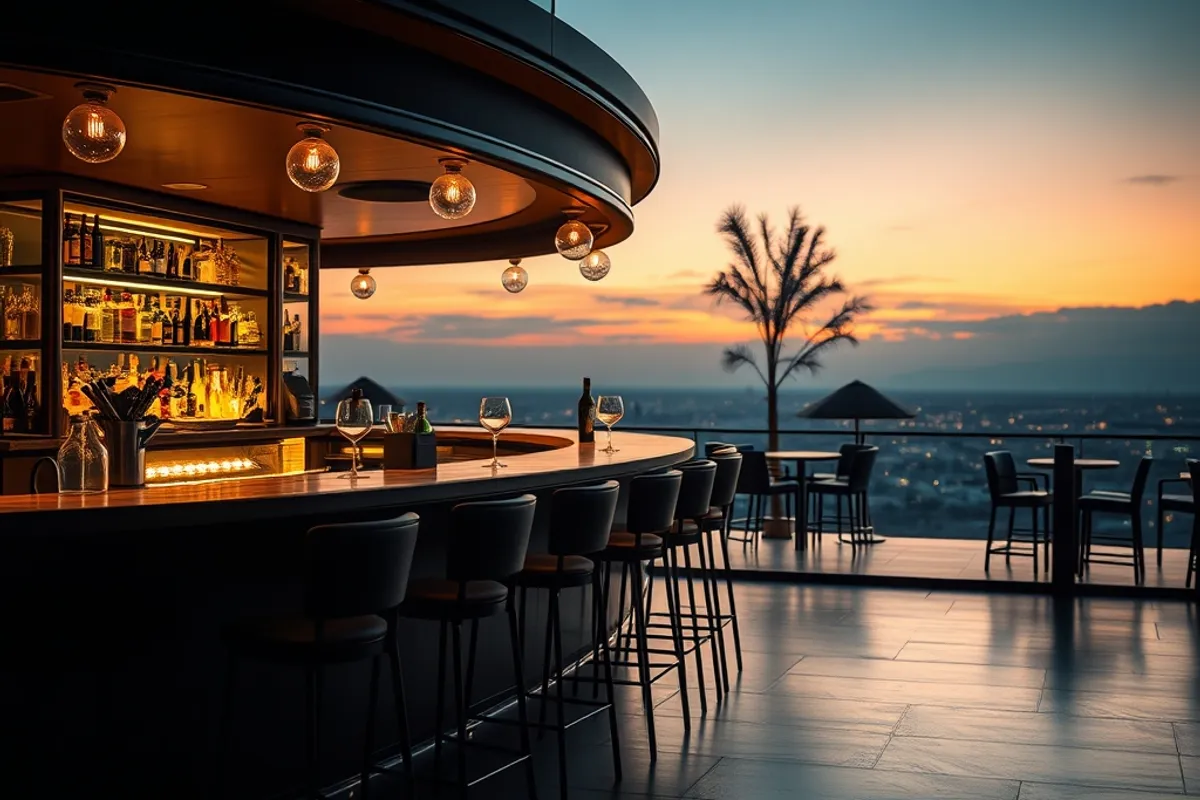 cocktail bar with low lighting and a few empty stools at dusk