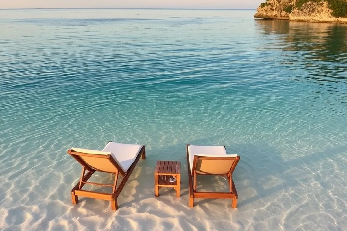 adults-only beach with two loungers and clear water in the morning
