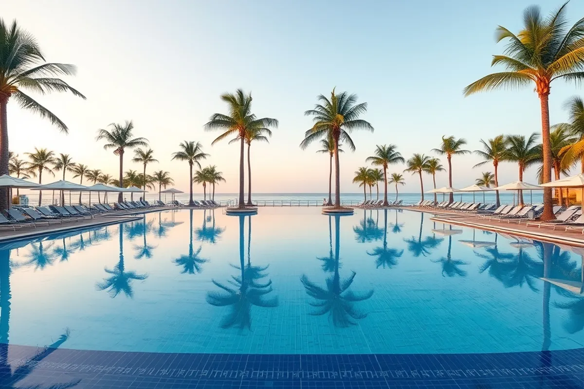 large resort pool with palm trees and empty loungers in the early morning