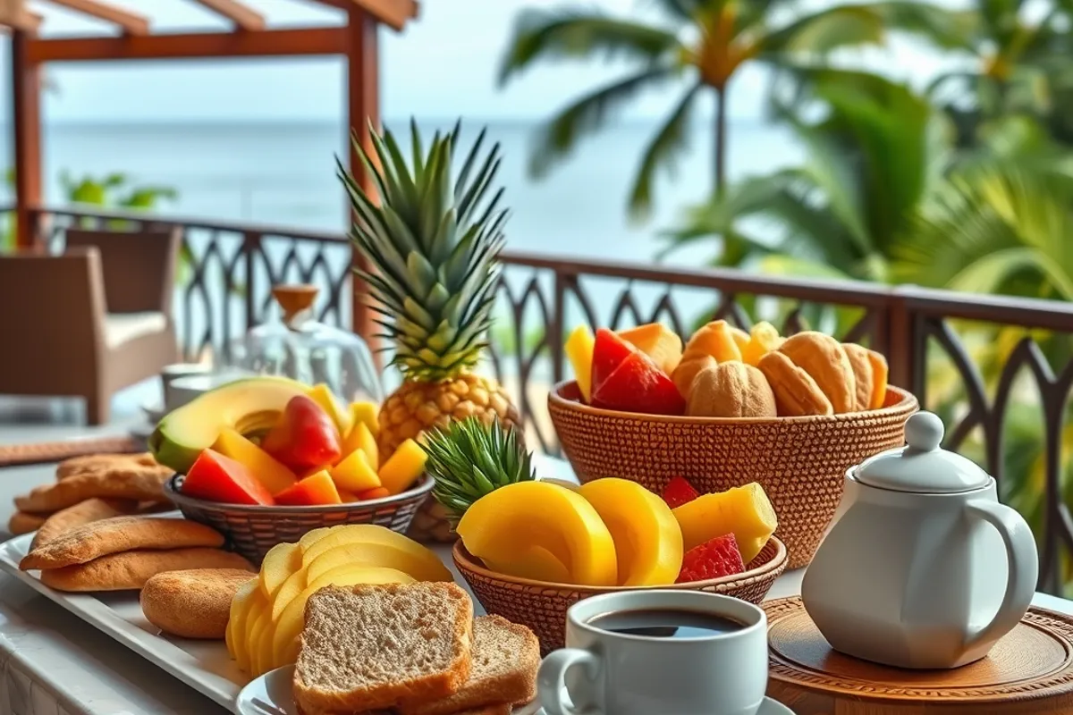 resort buffet breakfast with tropical fruit, bread and coffee on a terrace