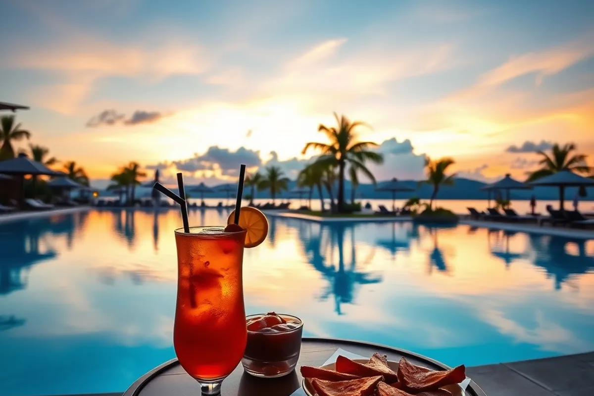 cocktail and snack on a low table beside a resort pool at sunset