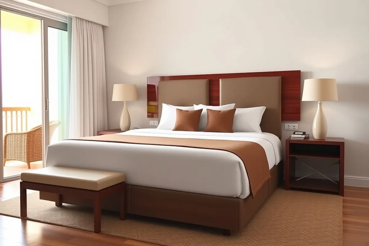 bright resort room with a king bed and open doors to a balcony