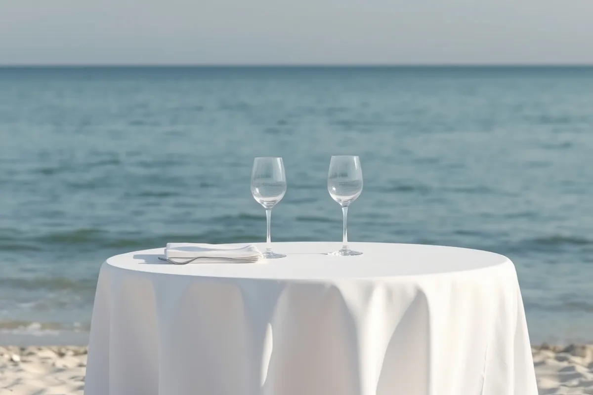 beach restaurant table with white linen and a calm sea behind it