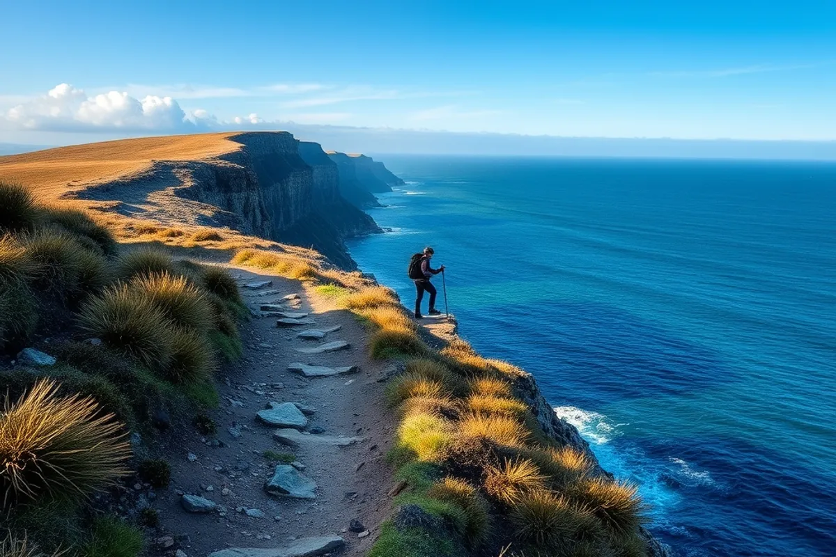 coastal path along a cliff with blue sea and a hiker in the distance