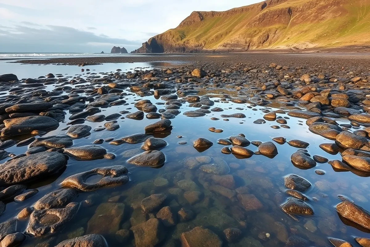 tide pools and rocky shore at low tide with a headland behind