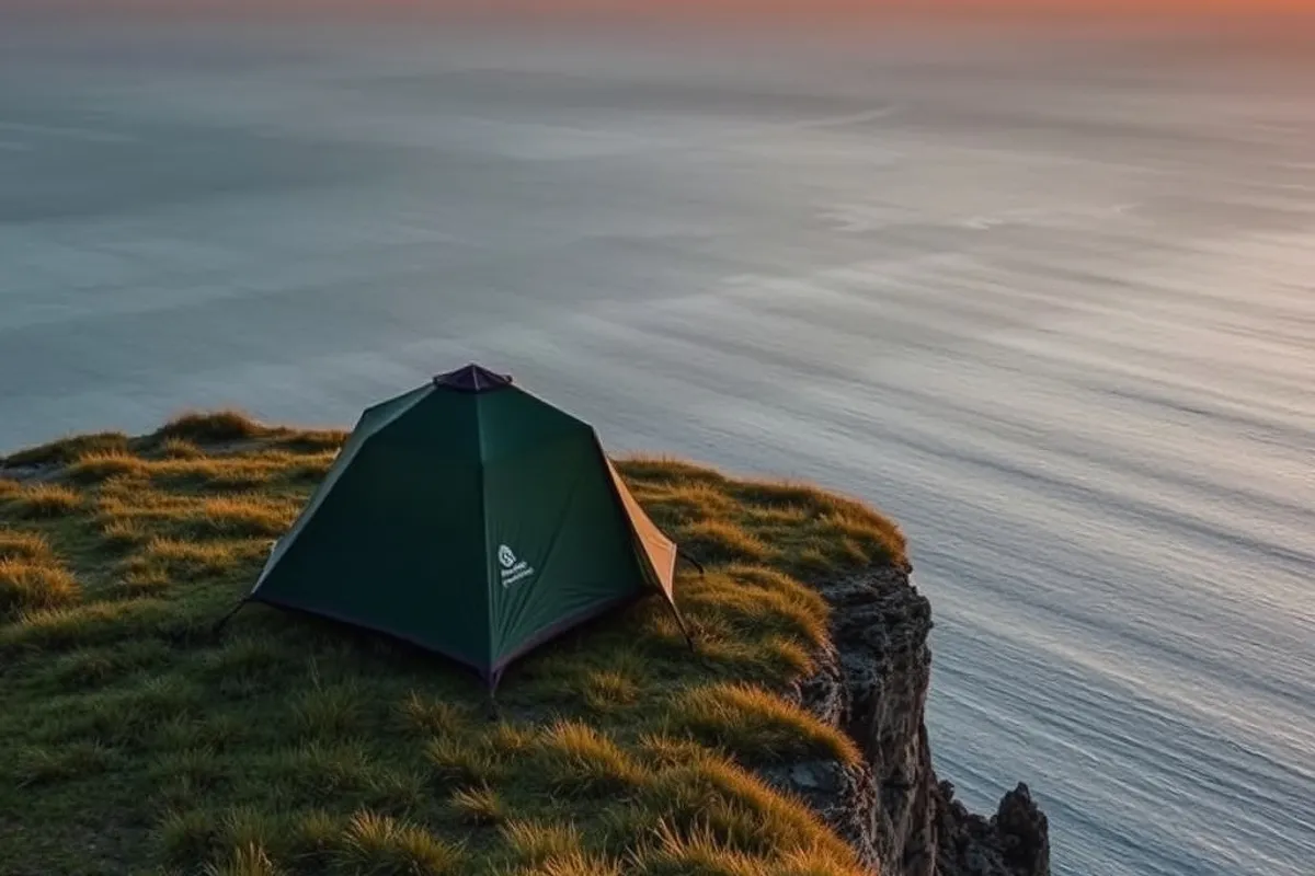 small tent pitched on a grassy clifftop campsite at sunset