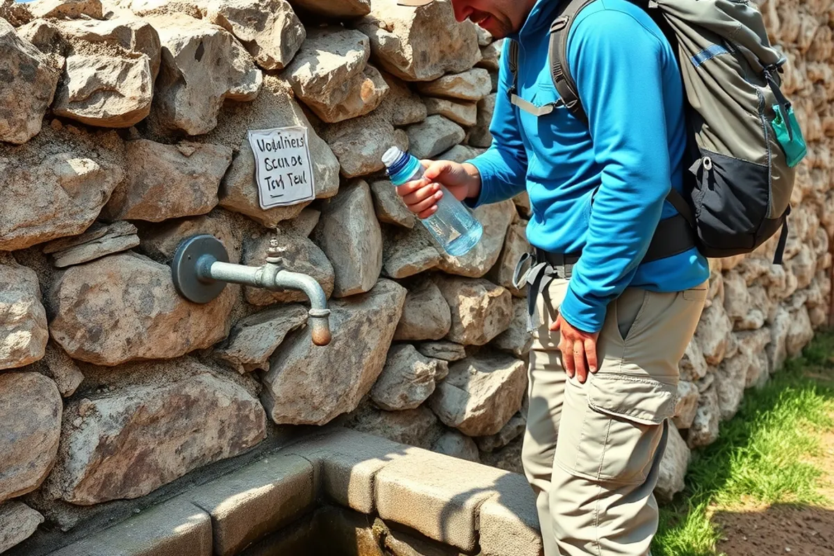 hiker filling a water bottle at a village tap beside a stone wall