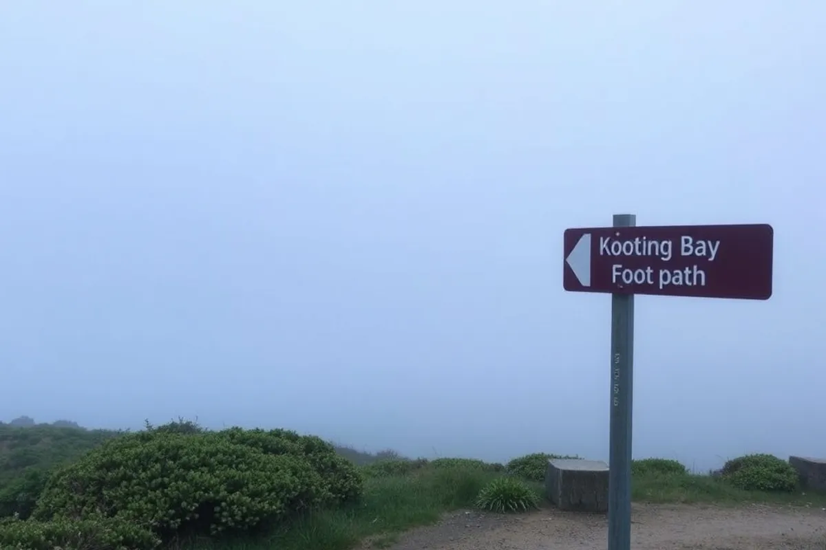 morning fog over a coastal bay with a footpath sign