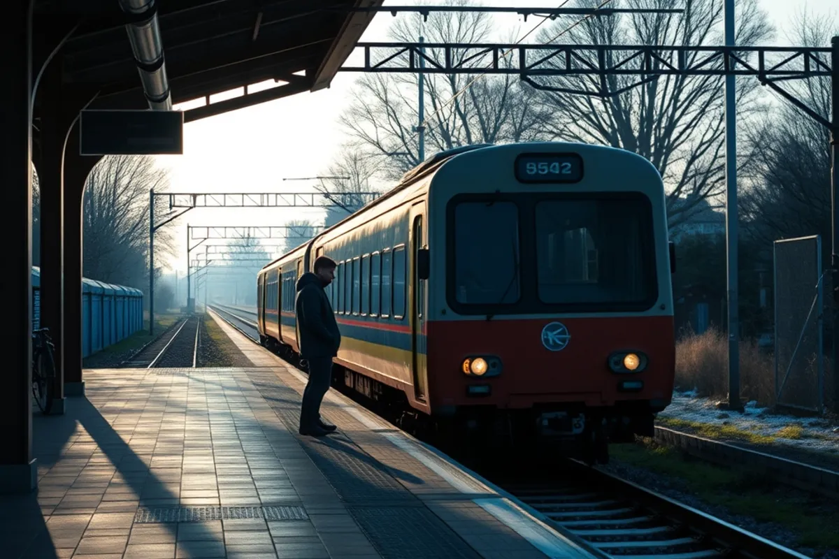 country train platform in the early morning with a waiting traveller
