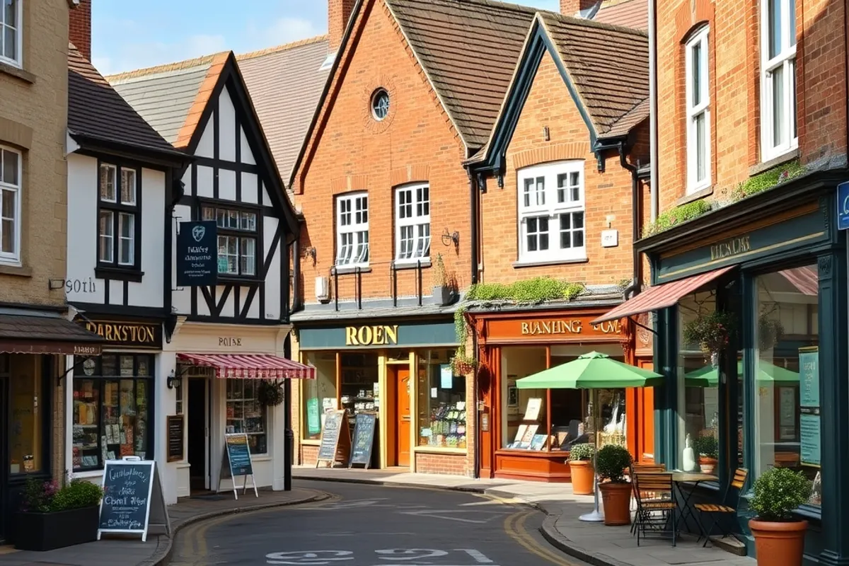 small market town high street with independent shops and a cafe