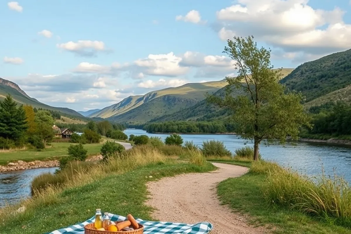 riverside path with a picnic blanket and a view of hills