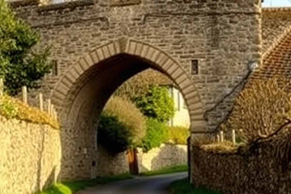 ancient stone bridge and a quiet village lane in soft afternoon light
