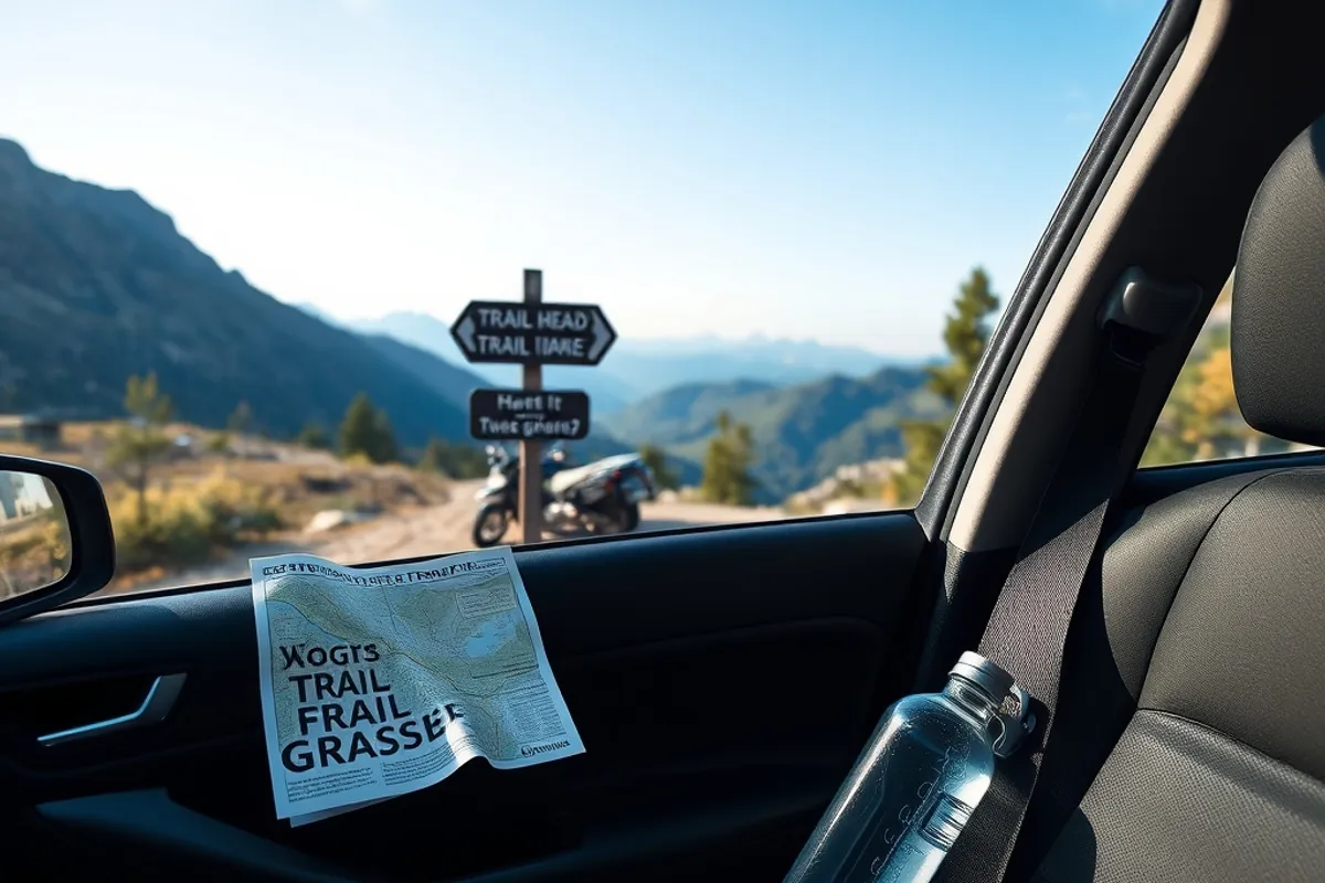 car parked at a trailhead with a map and water bottle on the seat