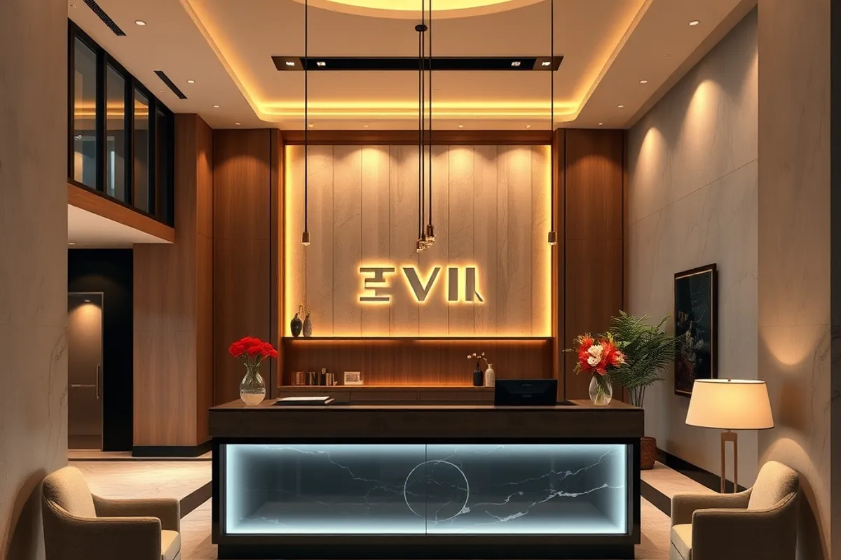 boutique city hotel lobby with warm lighting and a reception desk