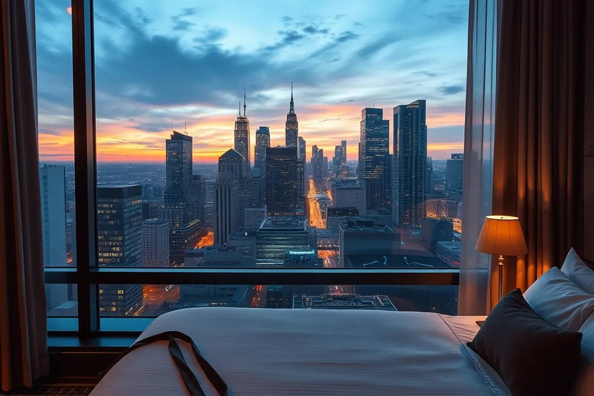 hotel room with a city view at dusk and a made bed