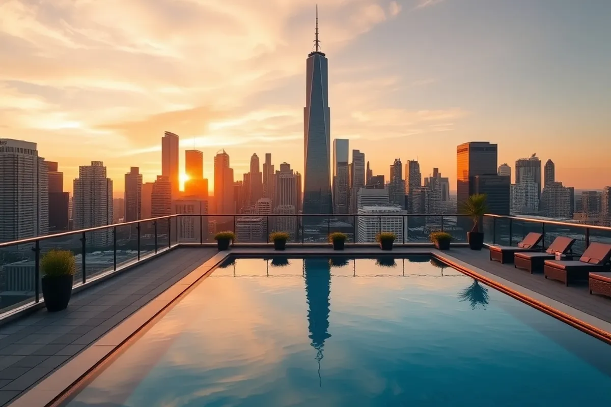 hotel rooftop pool with a skyline in the background at golden hour
