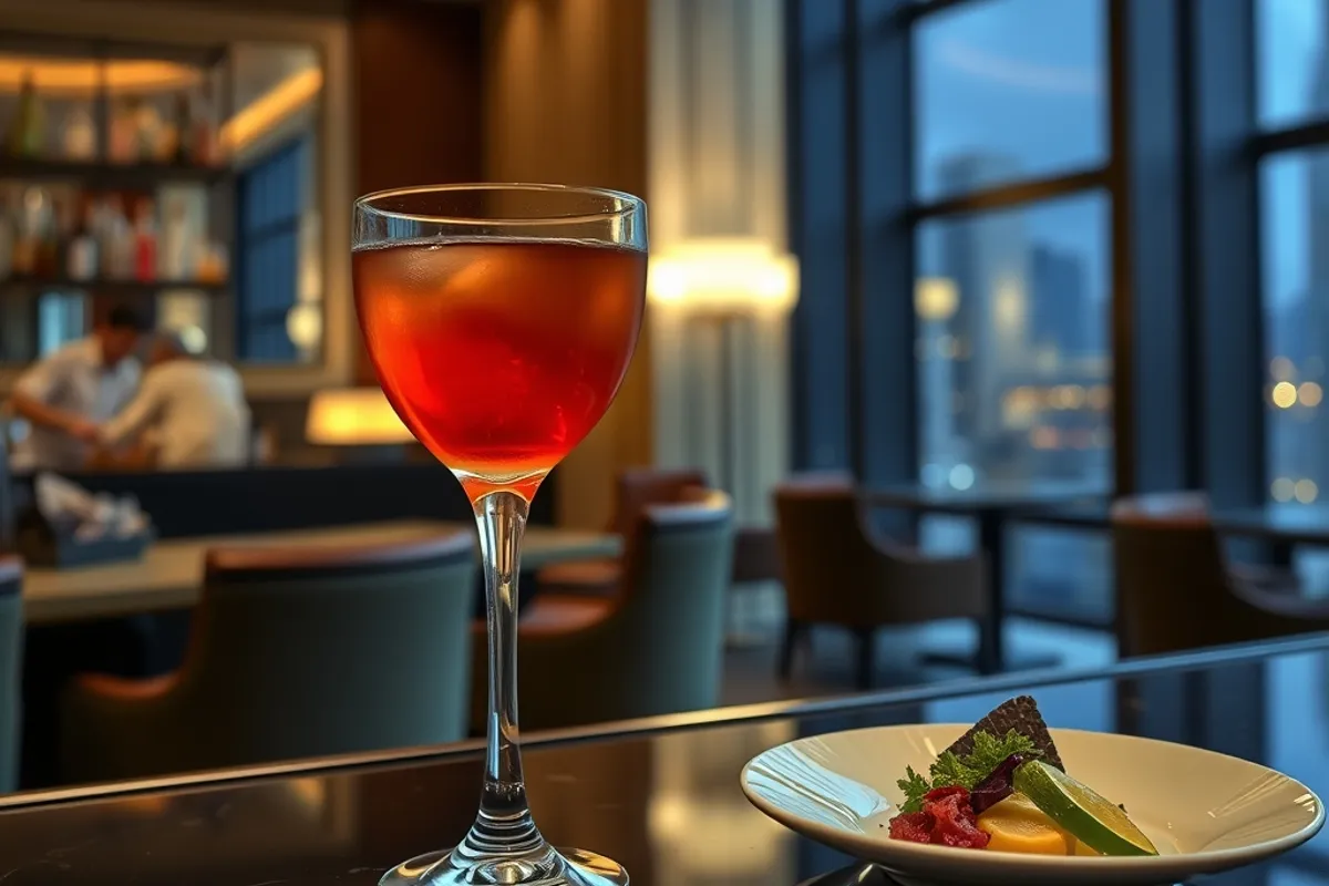 cocktail and small plate in a hotel bar with low light