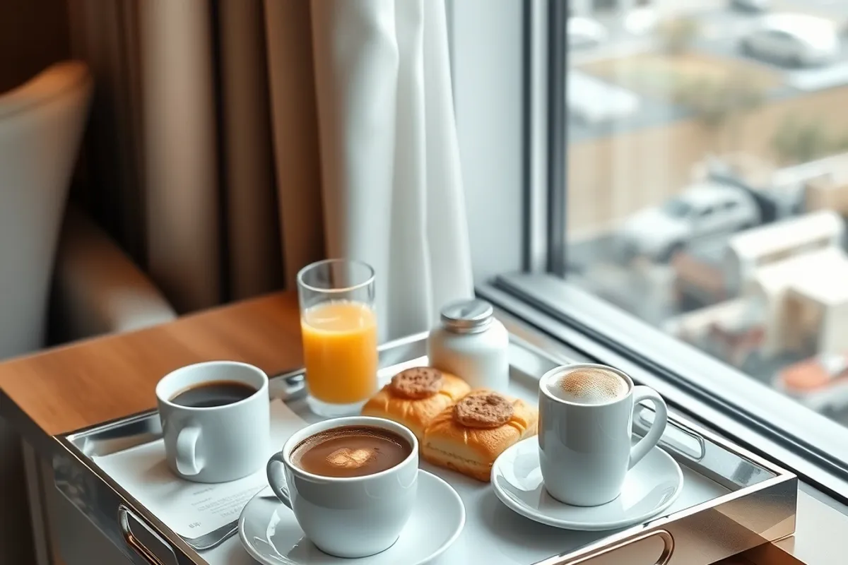 hotel breakfast tray with coffee and pastries beside a window