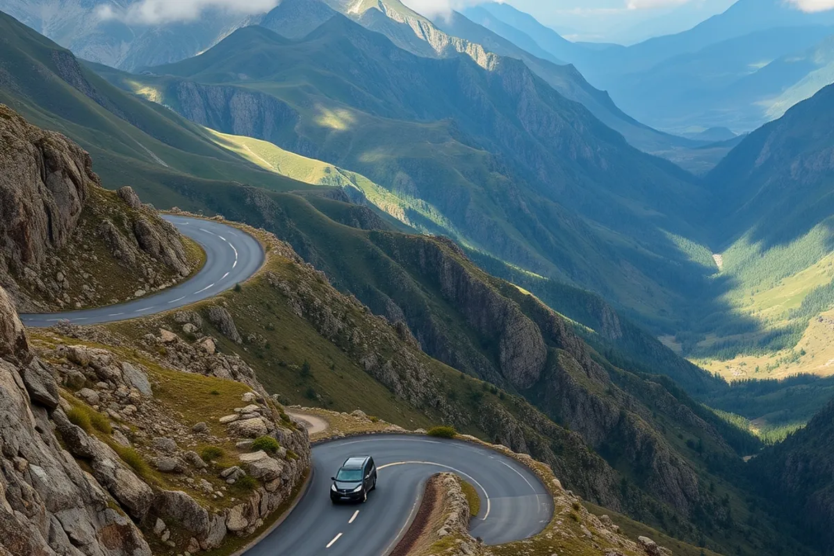 winding mountain road with a small car and dramatic valley view