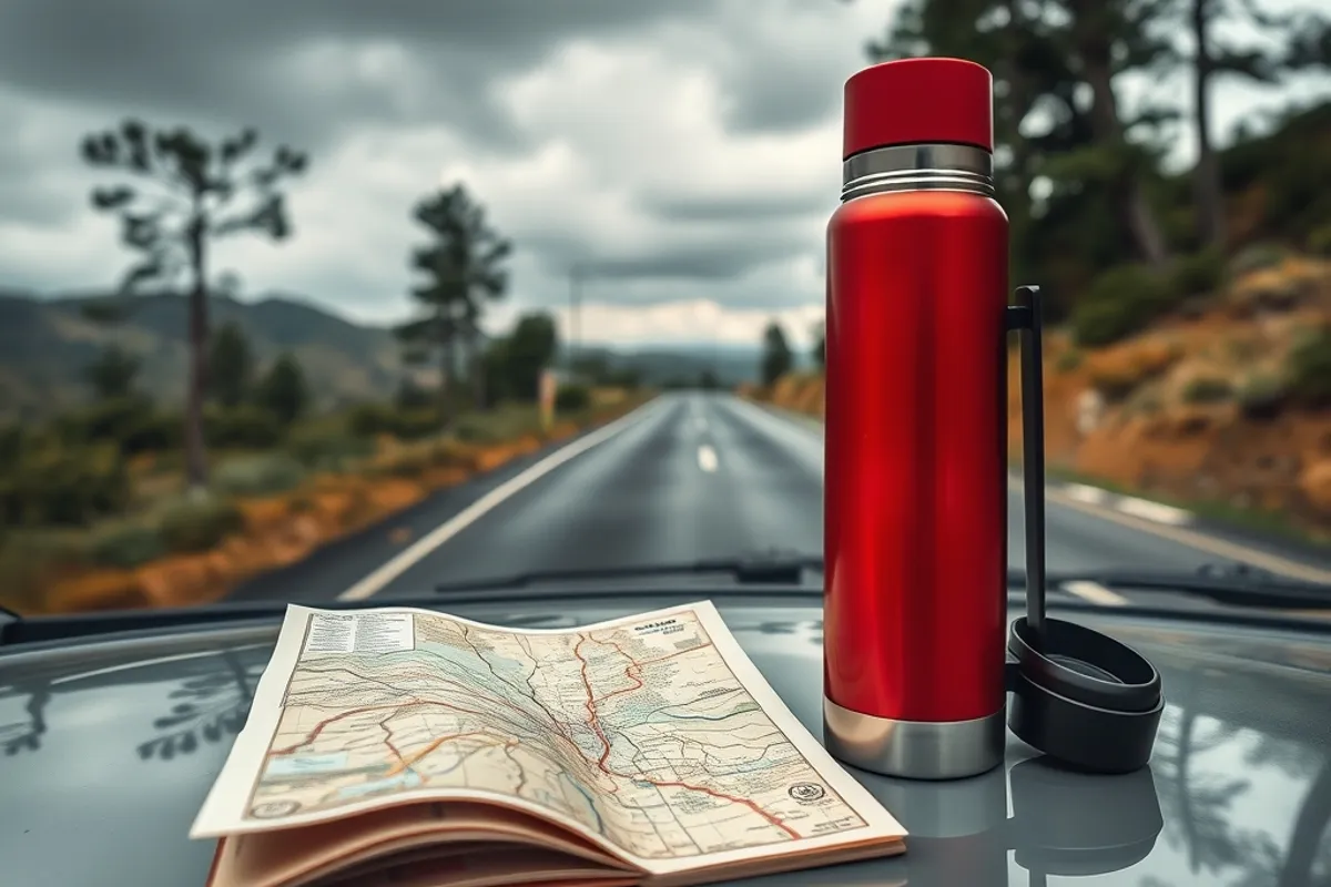 roadside viewpoint with a map on the bonnet and a thermos