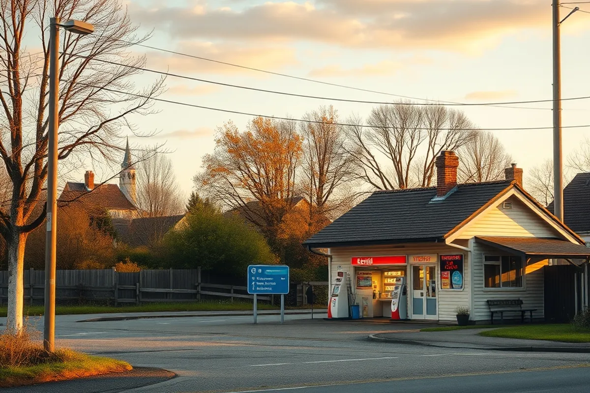 village petrol station and a small shop in the late afternoon light