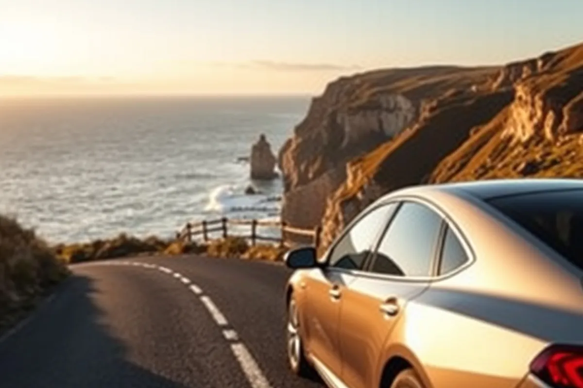 car on a coastal road with cliffs and sea below, golden hour