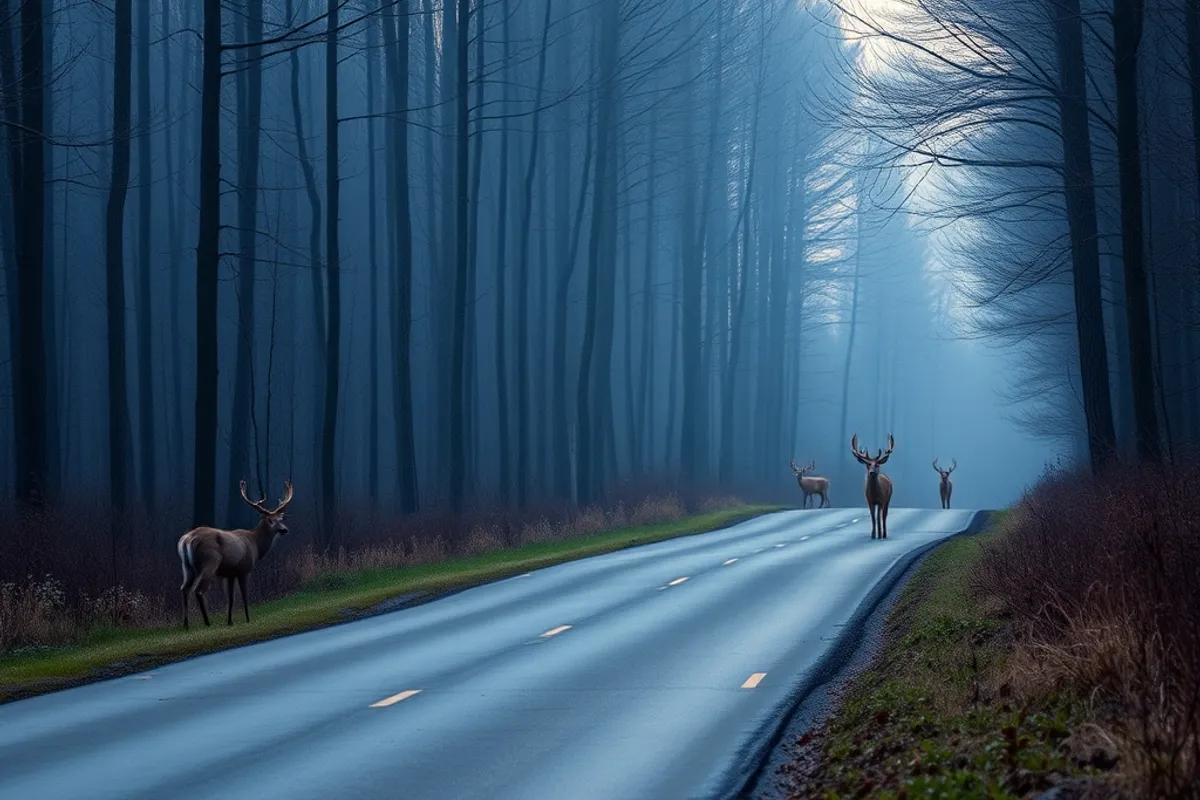 wild deer beside a forest road at dawn, no people