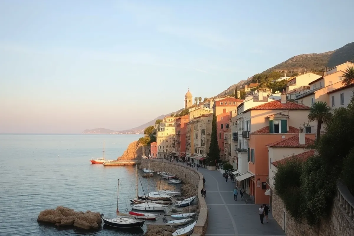 quiet Mediterranean coastal town in early autumn with warm light and few people