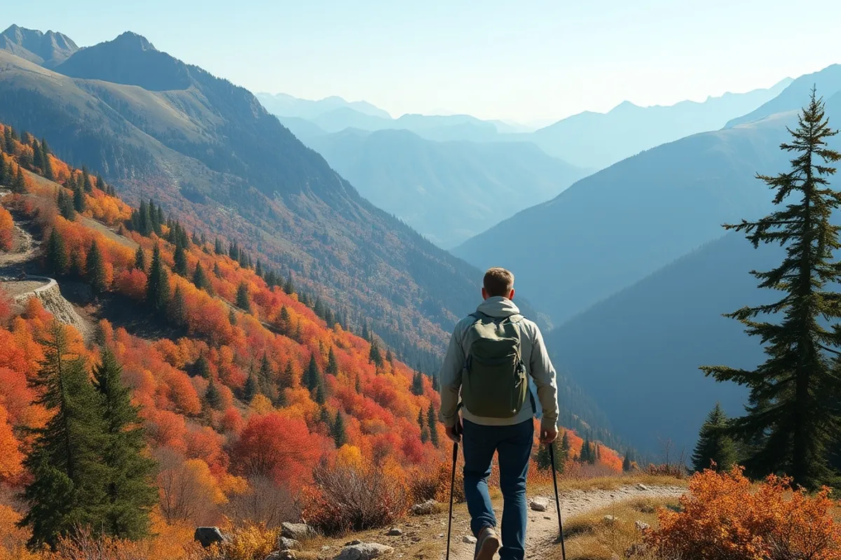 hiker on a mountain trail with autumn colours and a light jacket, wide landscape