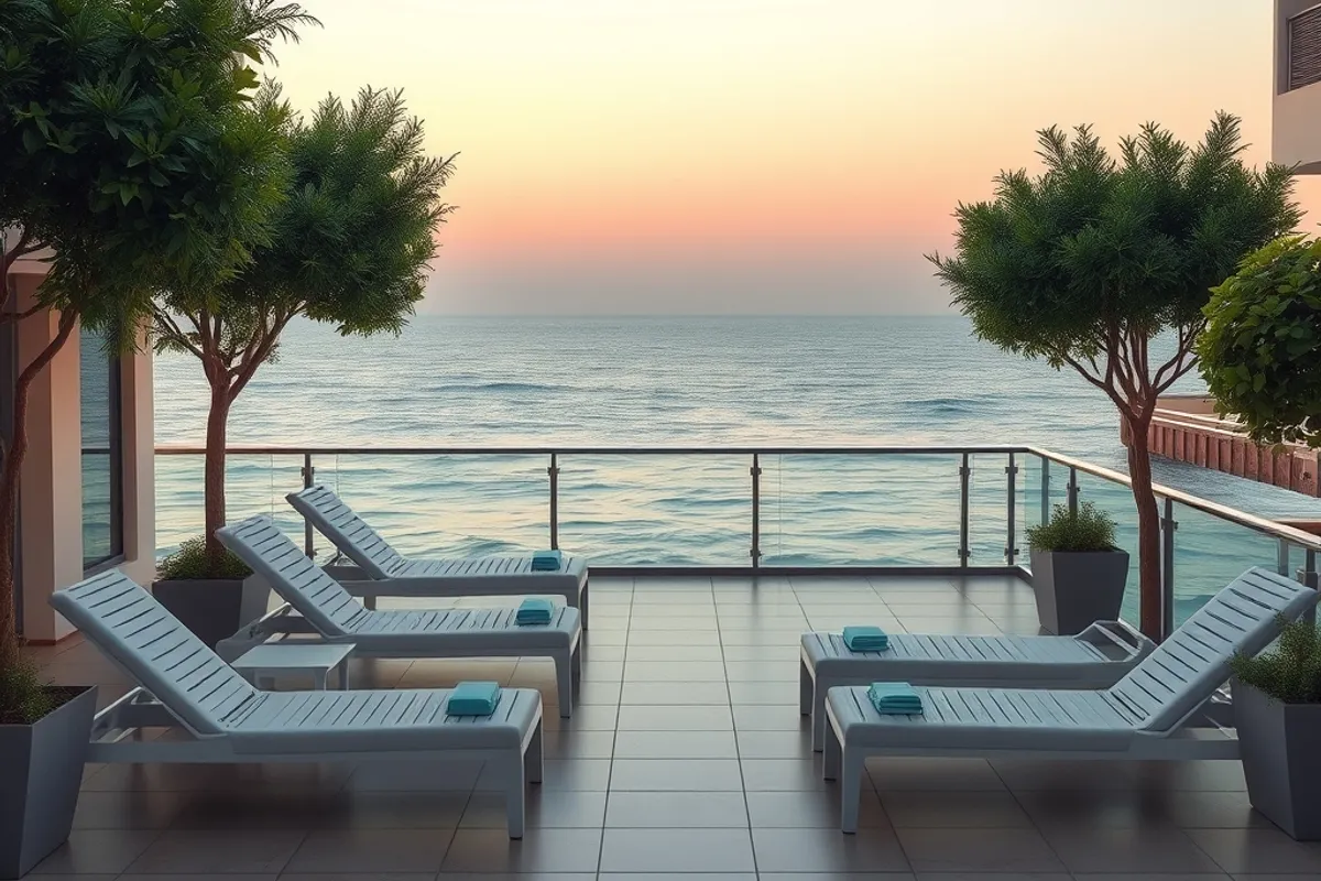 small hotel terrace with empty loungers and calm sea in the late afternoon