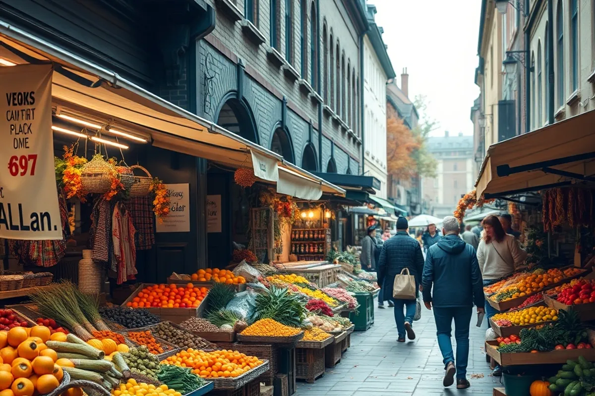 local market street with autumn produce and a few shoppers