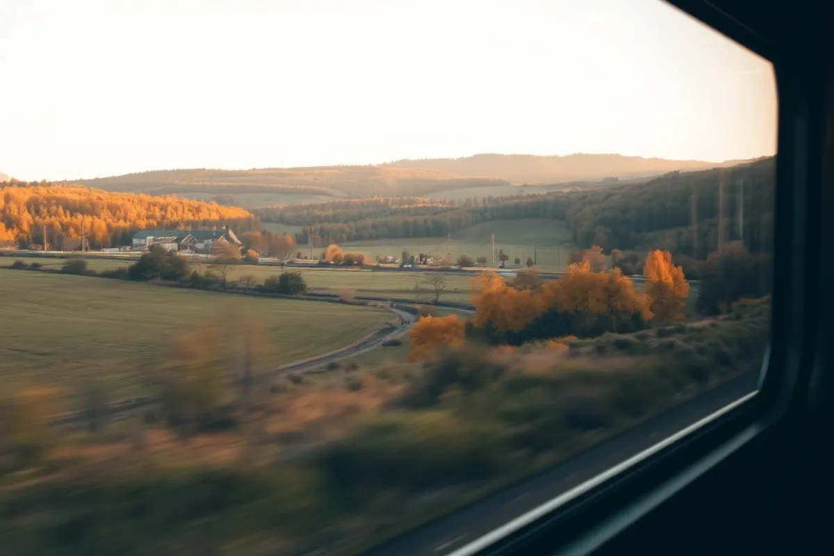 train window view of countryside in soft October light, travel photography