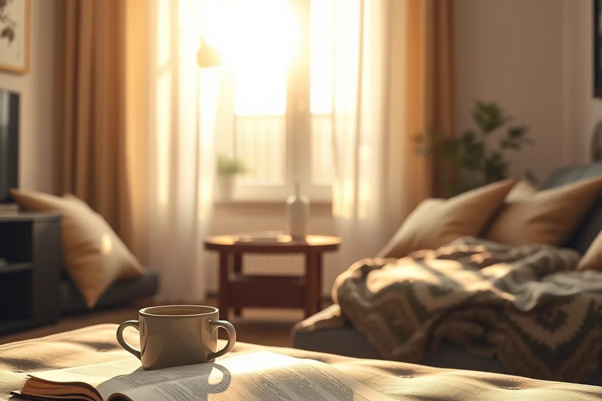 sunlit apartment living room with a coffee, a book and a folded blanket