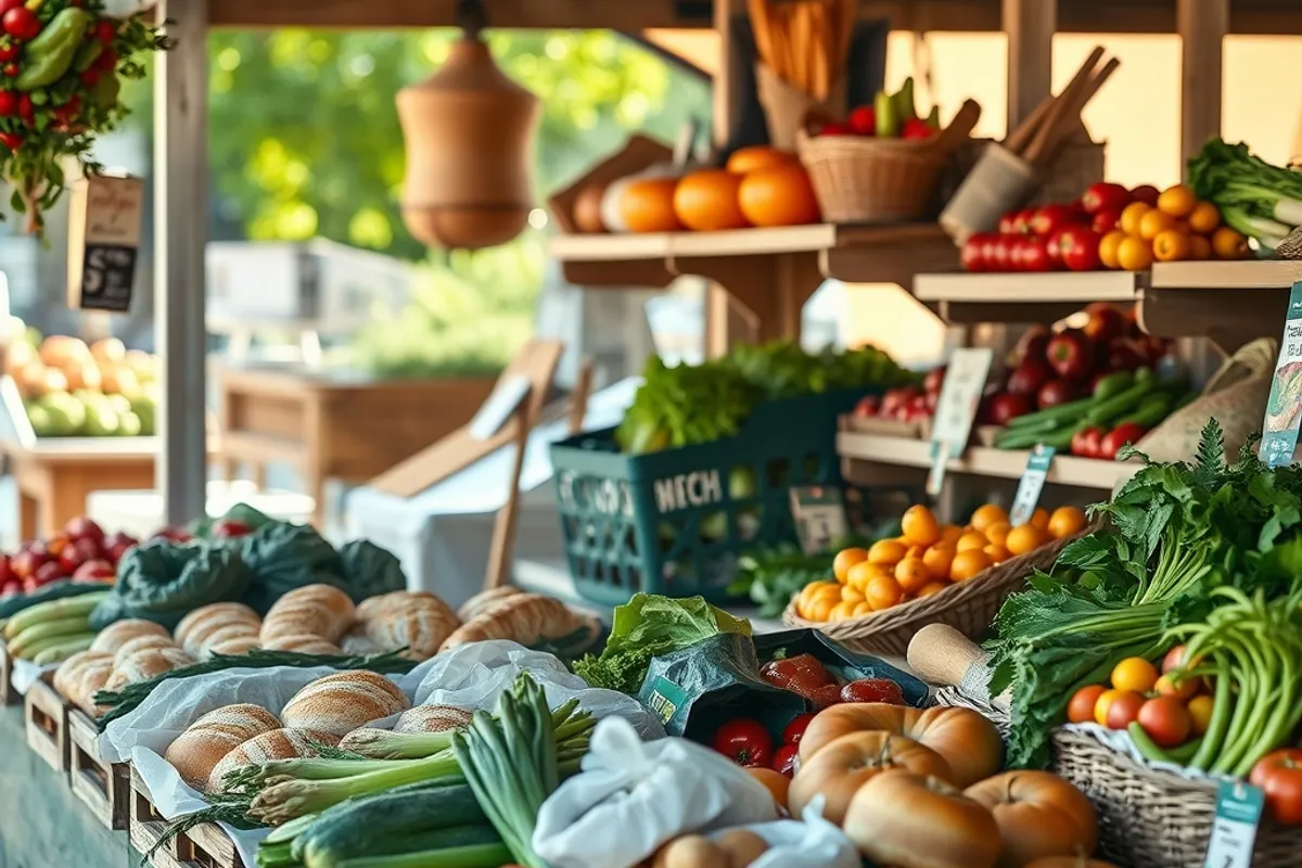 farmers market stall with fresh bread and vegetables in the morning