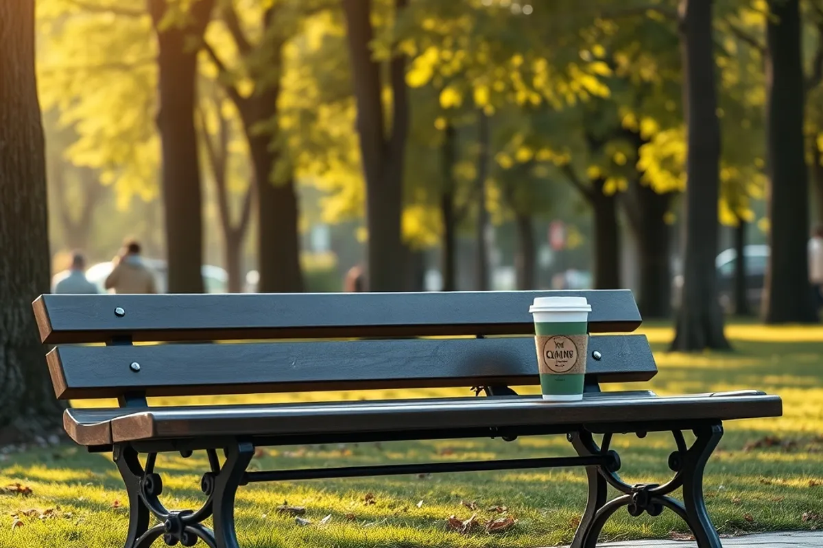 city park bench with a takeaway coffee and trees in soft light