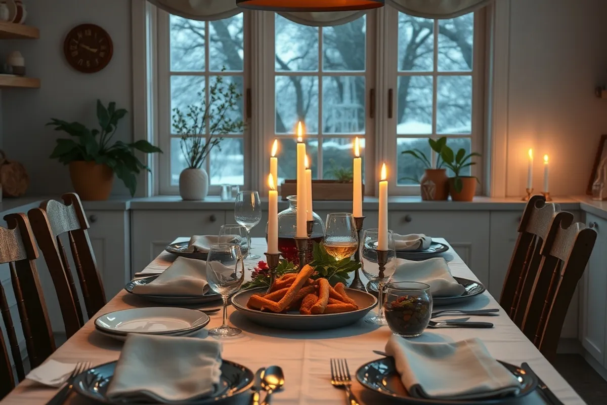 kitchen table set for a slow homemade dinner with candles