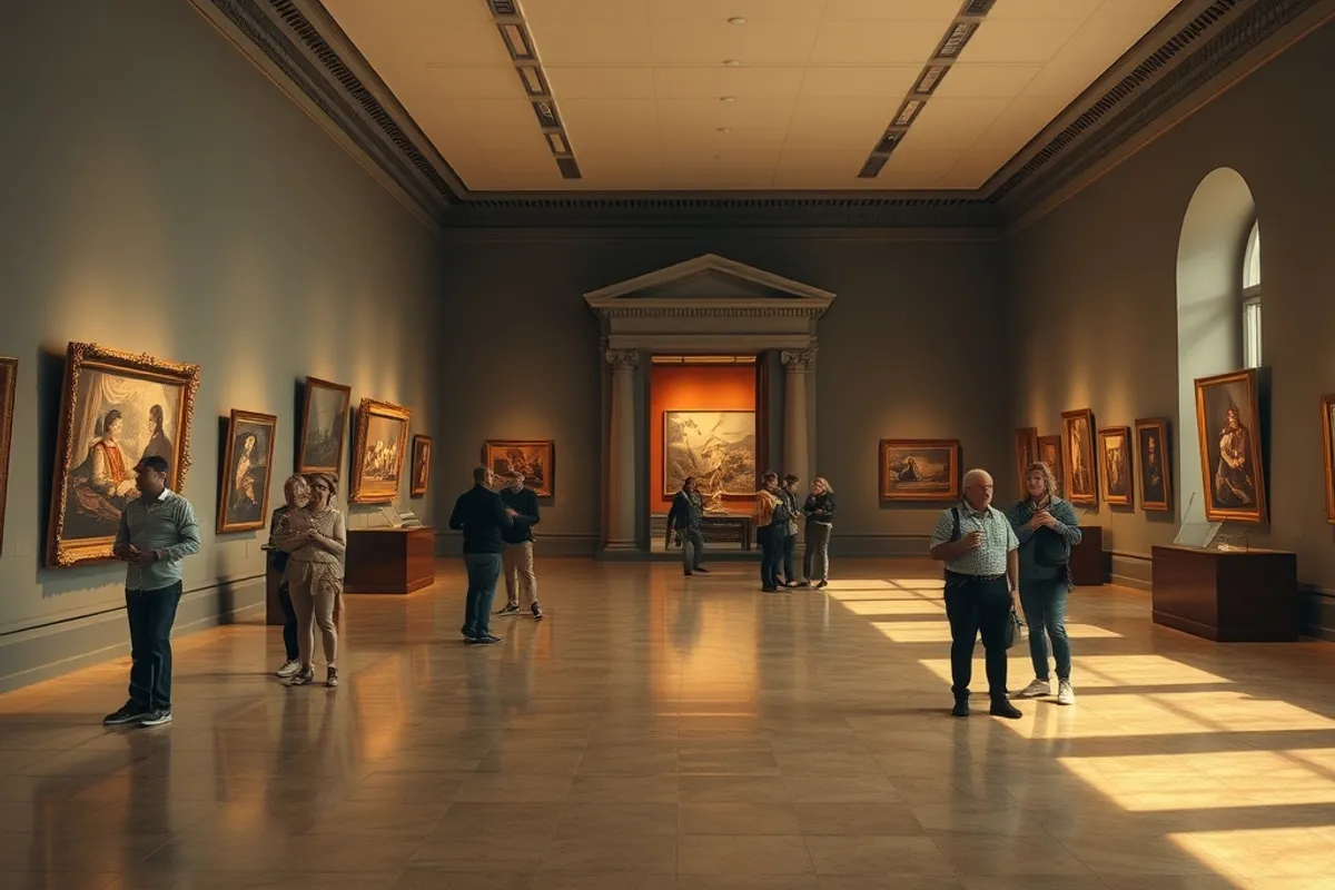 local museum gallery with a few visitors and warm light