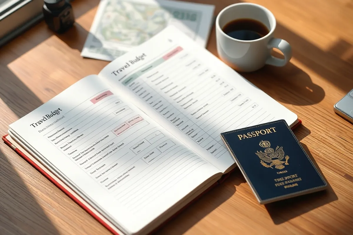 open notebook with a travel budget, passport and coffee on a wooden desk, morning light