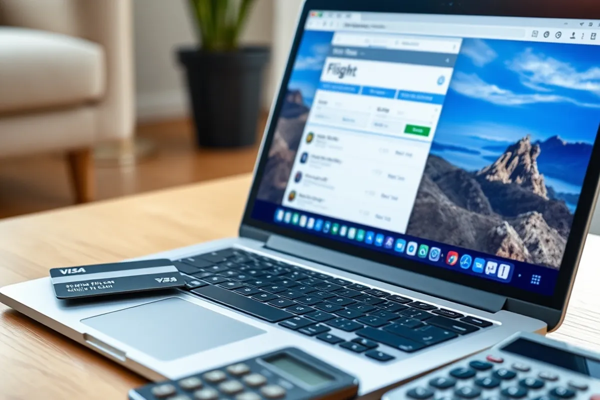laptop showing a flight search beside a credit card and a calculator, soft indoor light