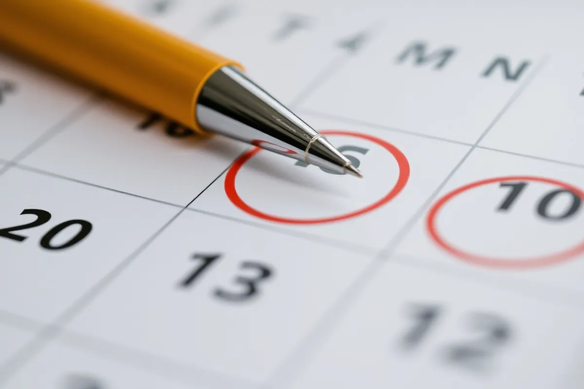 calendar with a few dates circled and a pen resting on it, close-up