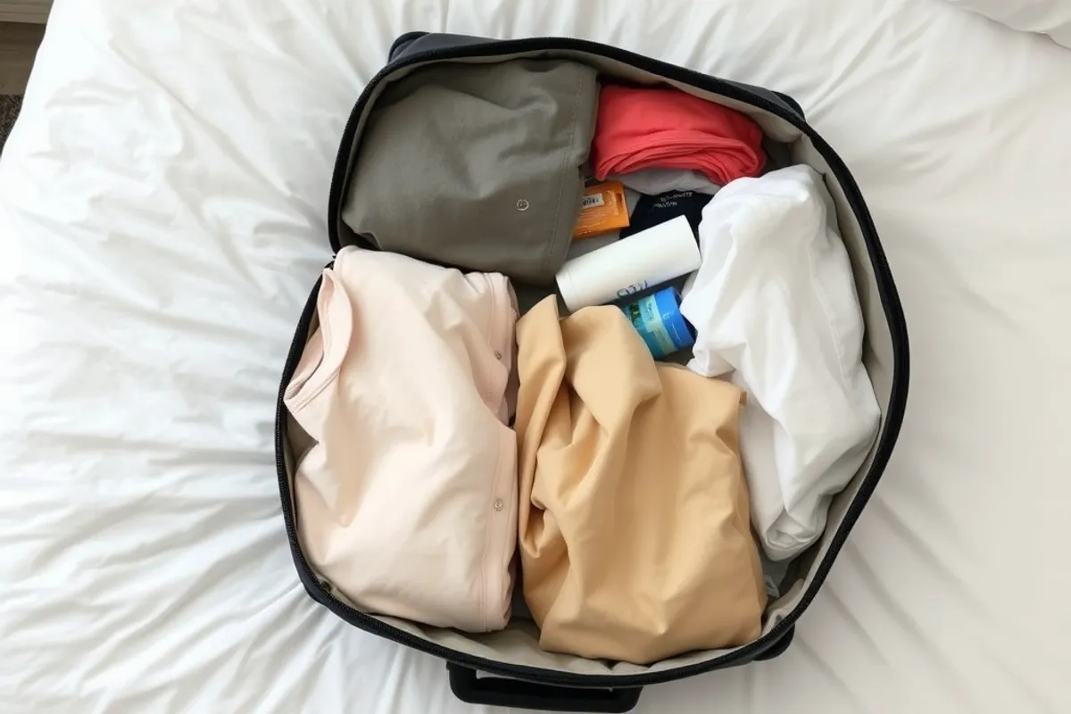 small carry-on bag packed neatly on a bed with clothes and toiletries