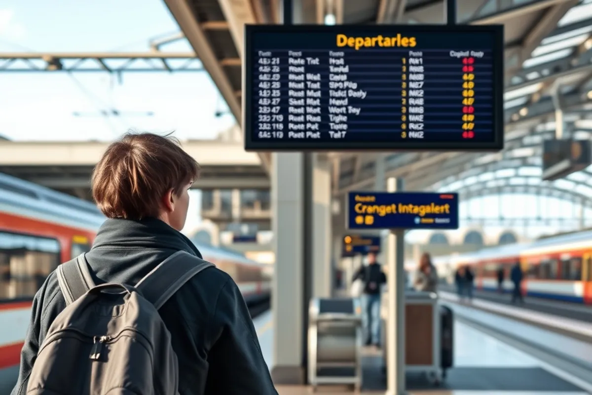 train station departure board and a traveller waiting with a backpack