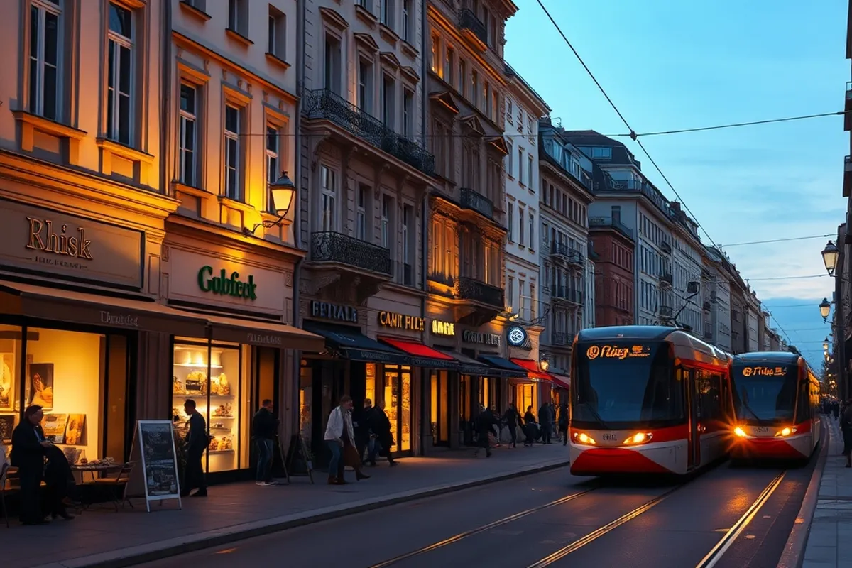 European city street at dusk with warm shop lights and a tram