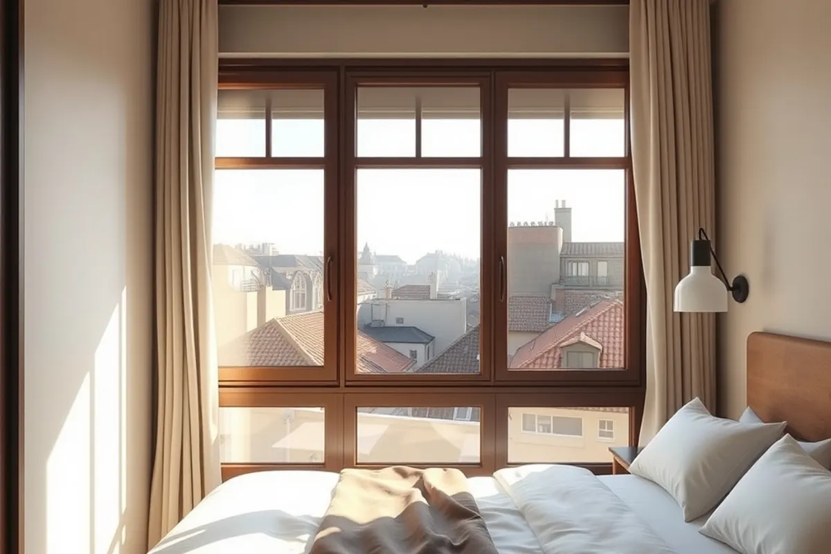 small boutique hotel room with a window over rooftops, morning light