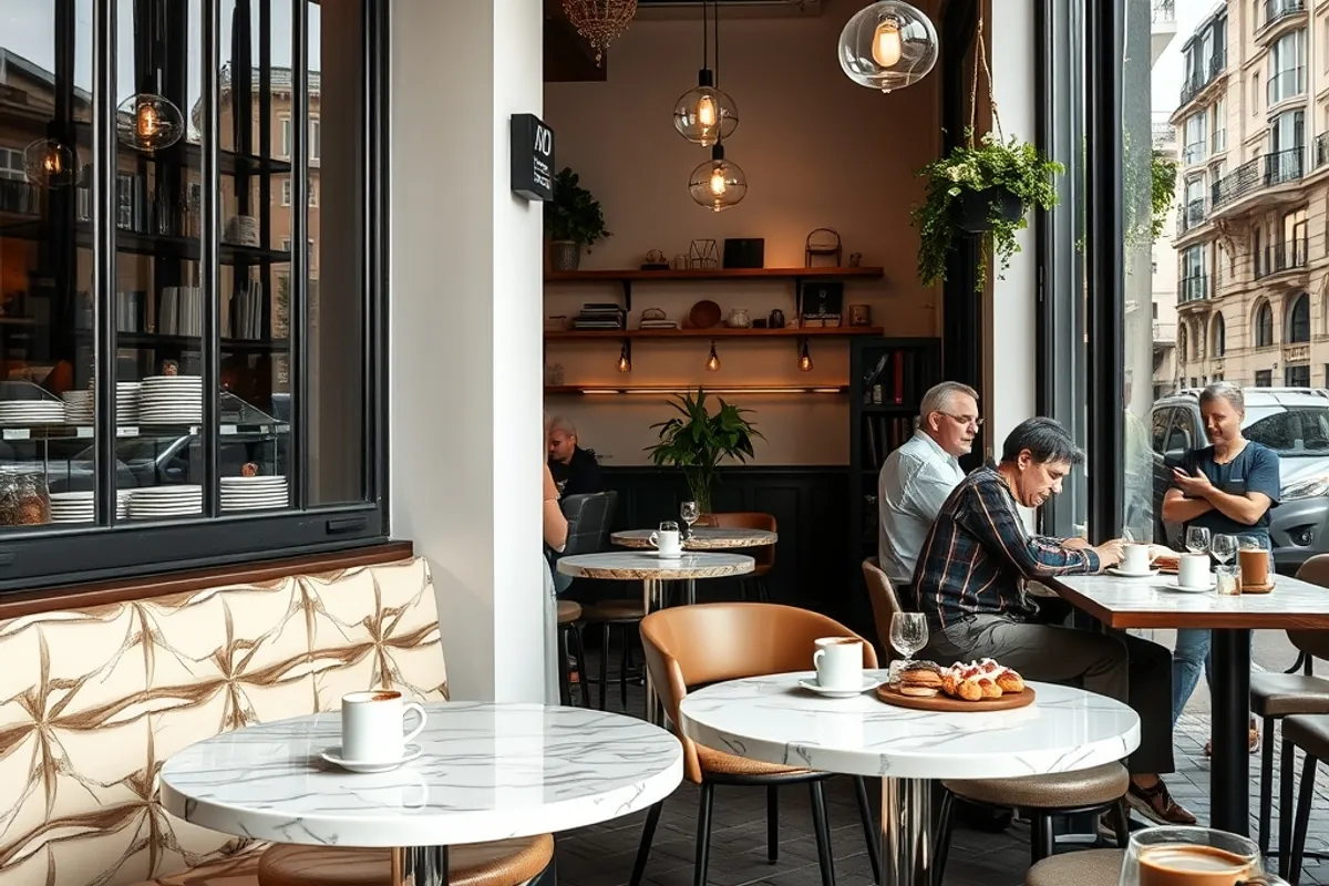 busy neighbourhood cafe with marble tables and pastries