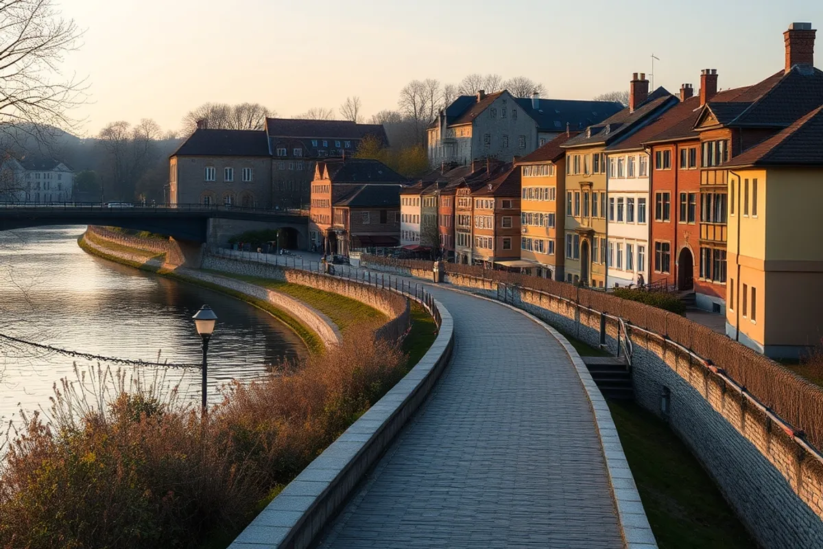 riverside walk with old buildings and a bridge in soft evening light