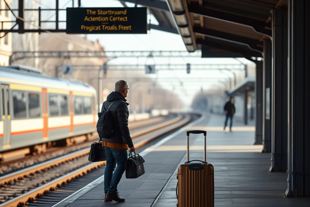 city train platform with a traveller and a small suitcase, quiet Sunday afternoon